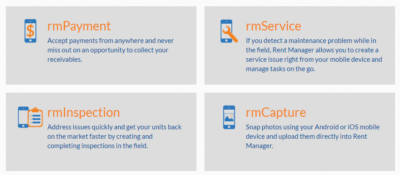 A written graphic describing the functions of Rent Manager's first mobile apps: rmPayment, rmService, rmInspection, and rmCapture.