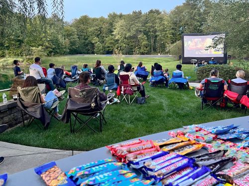 LCS Employees on the office lawn watching a movie