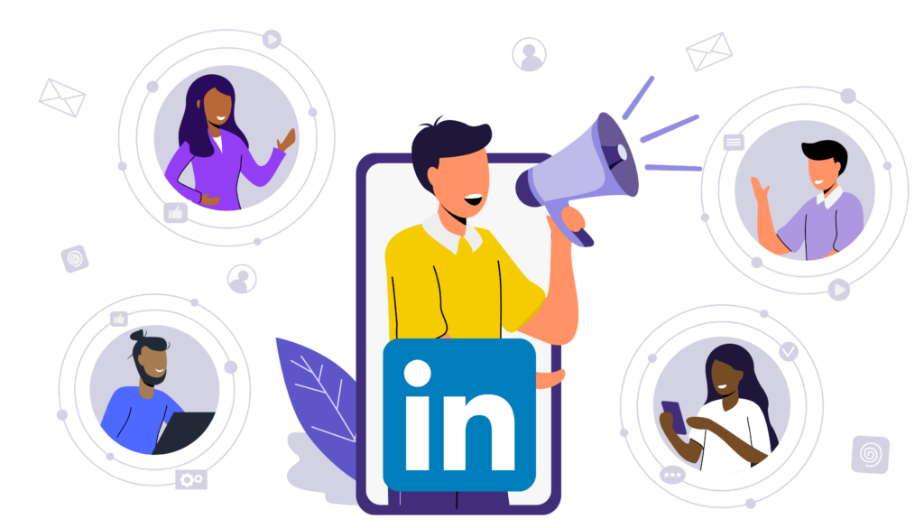 An illustration of people connecting and working with LinkedIn at the center. 
