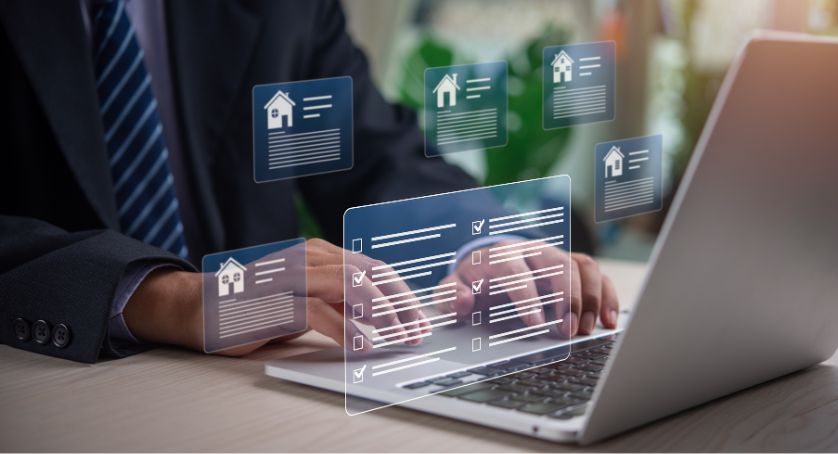 Real estate concept business, home insurance and real estate protection. Buy and sell houses and online commercial enterprises, residential realty assets.on a virtual screen